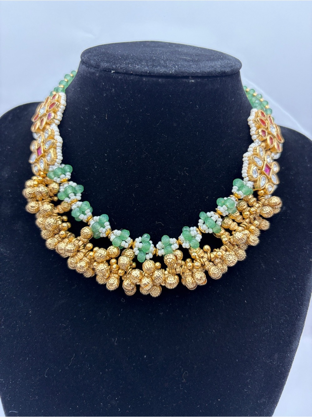 Traditional Pachi Kundan Gold-Tone Green And Rani With Gold Beads